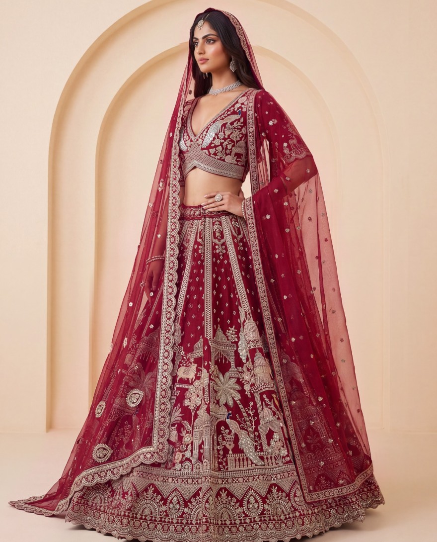 3074 - Maroon Bridal Cutdana-Work Embroidered Ethinc Motif Semi-Stitched Lehenga Choli